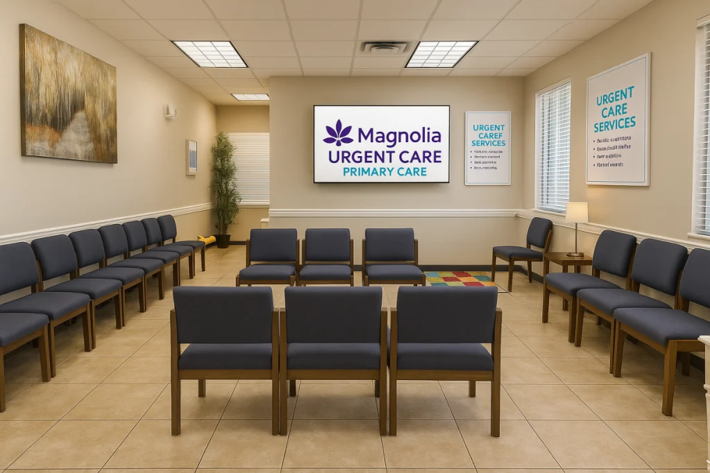 Modern urgent care waiting room in Ocala FL – Magnolia Urgent & Primary Care, family-friendly seating and walk-in clinic services