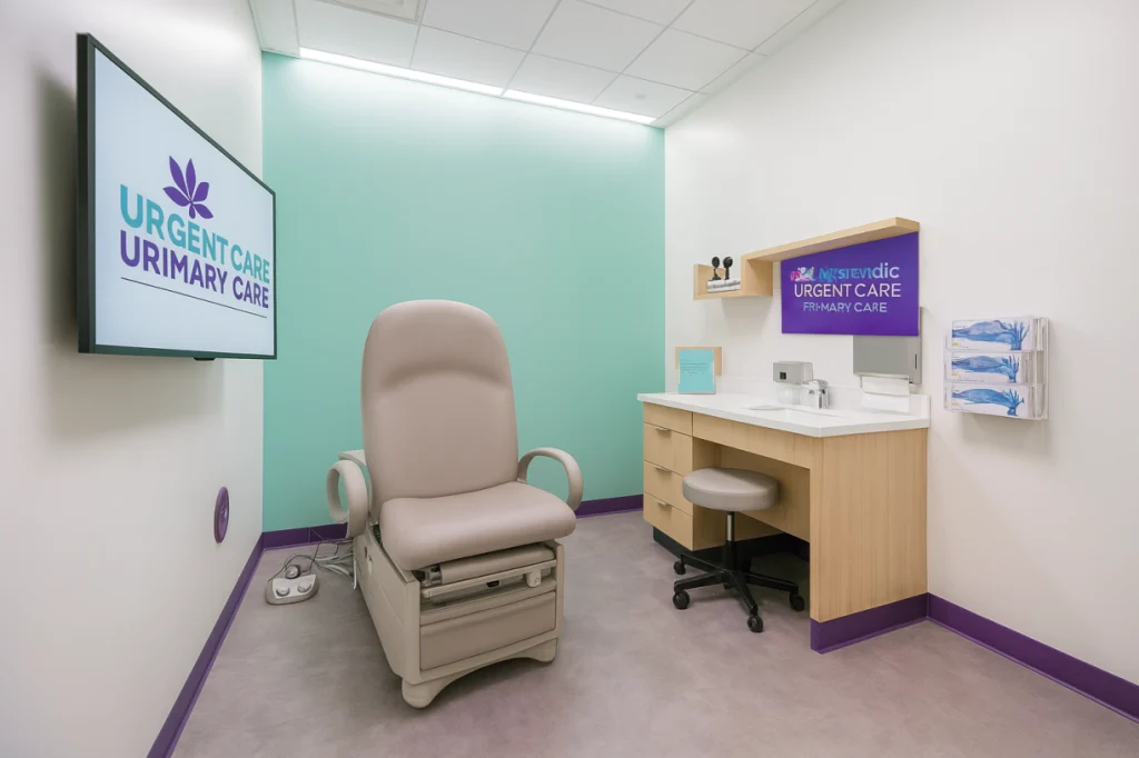 Modern urgent care exam room in Ocala FL – Magnolia Family Primary Care with teal accent wall and welcoming environment