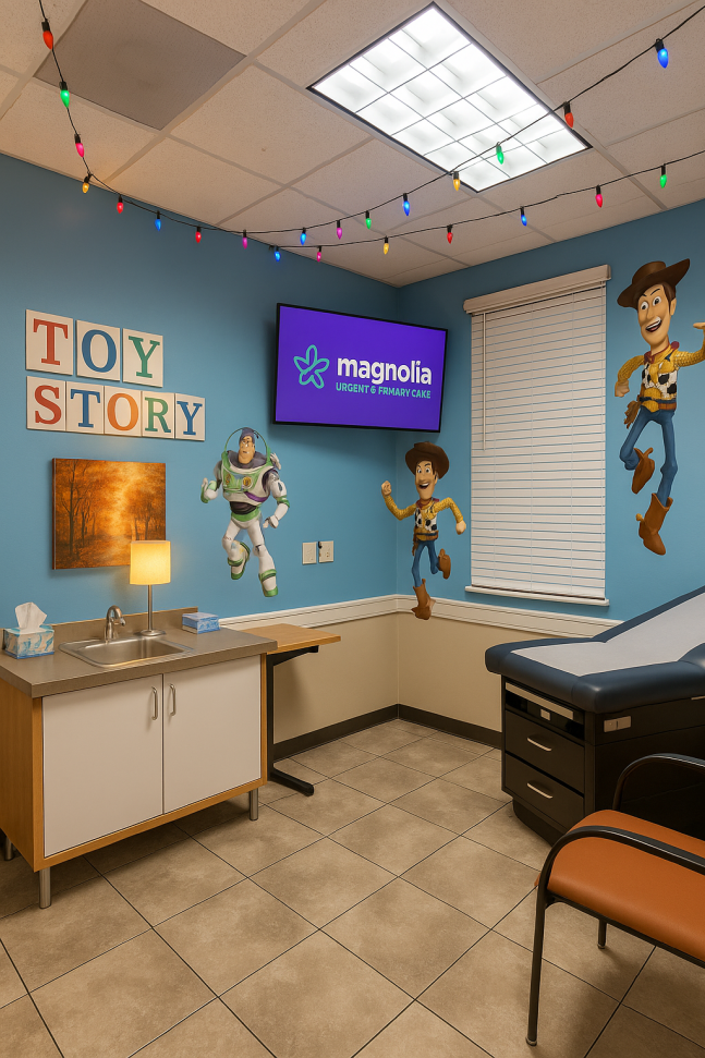 Child-friendly urgent care exam room in Ocala FL – Magnolia Pediatric Urgent & Primary Care with themed décor and family care services